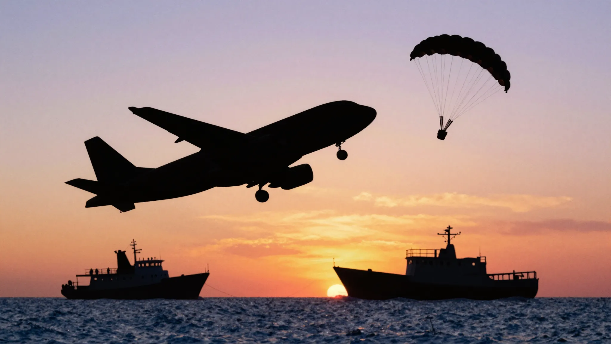 Watercolor style. Silhouette of a flying airplane, a ship on...