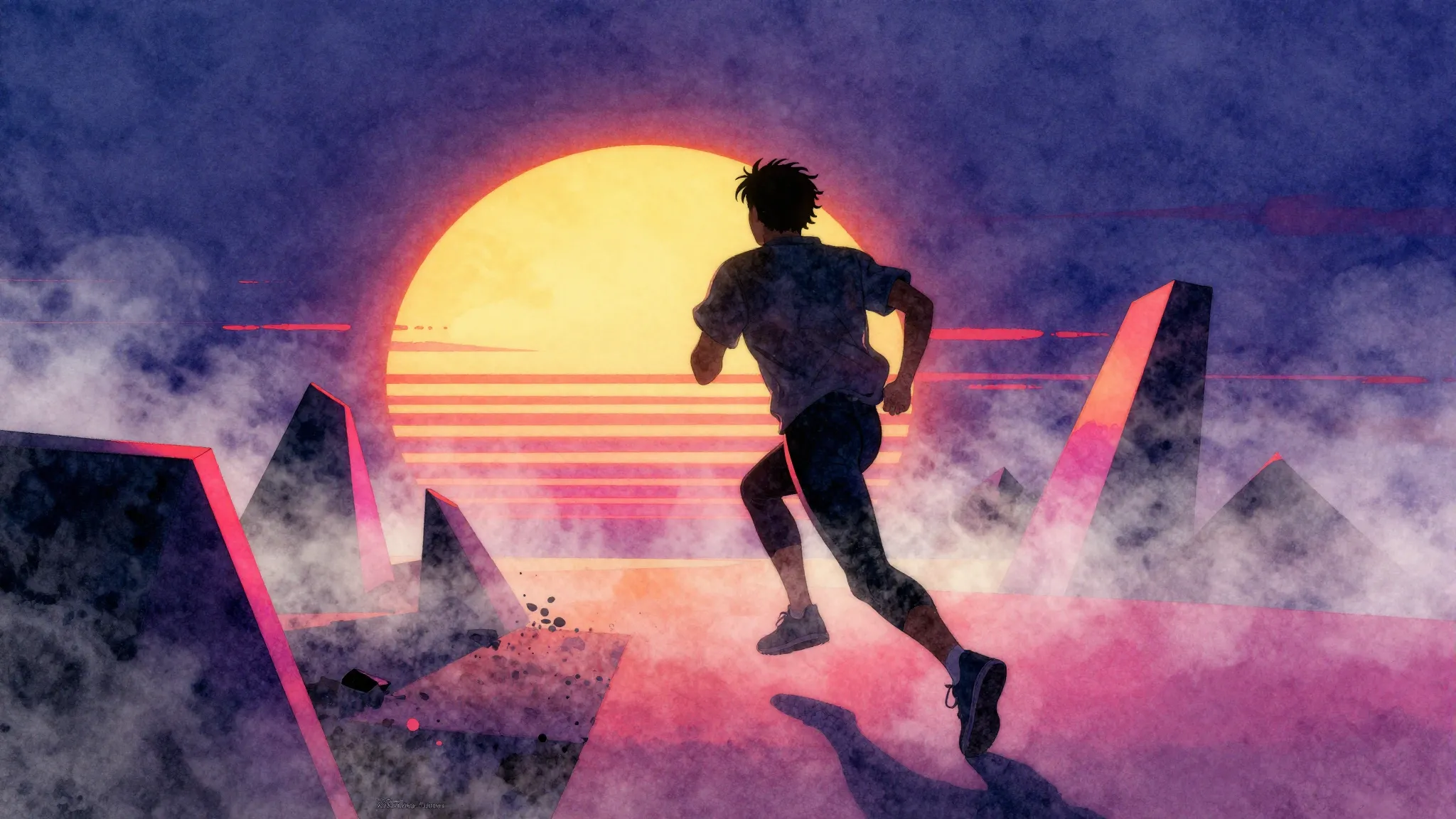 Vibrant watercolor style. Dynamic silhouette of a person run...