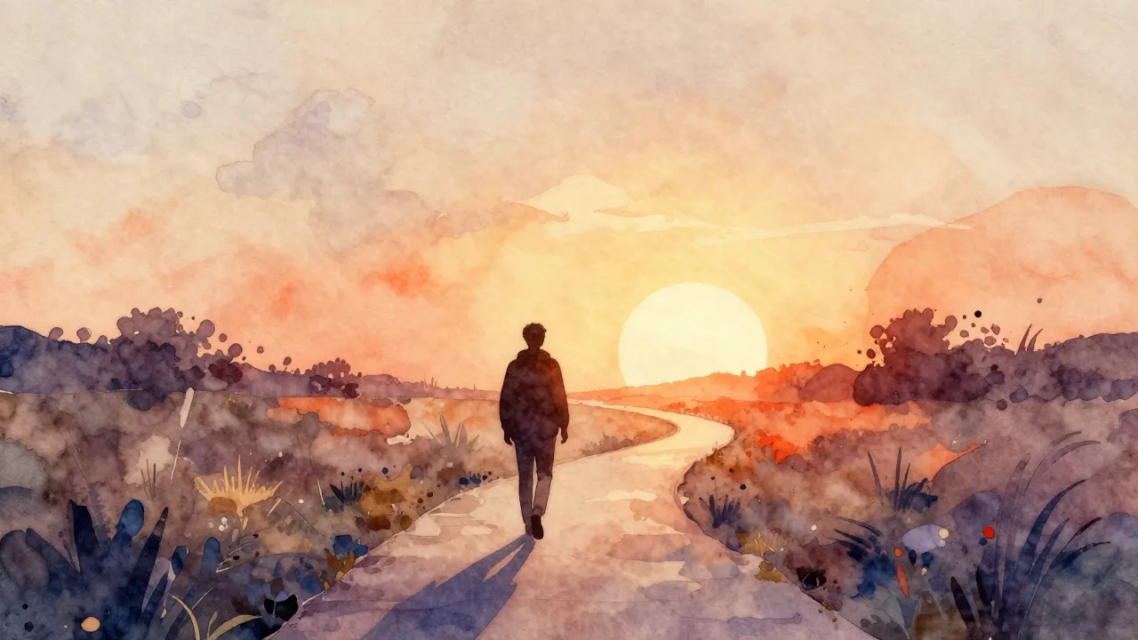 Watercolor style. A silhouette of a person walking along a w...