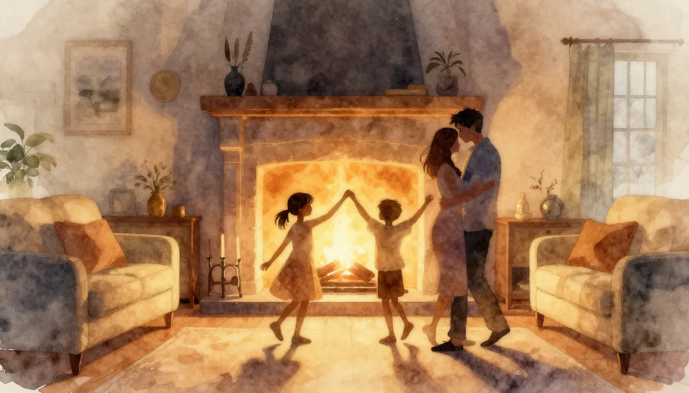 Watercolor style. A warm, glowing hearth in a cozy living ro...