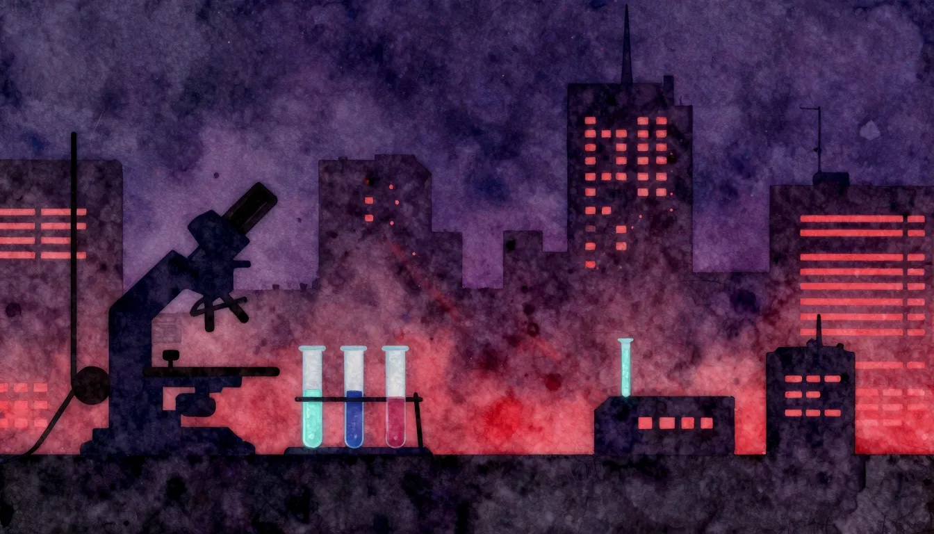 Watercolor style. Dark urban laboratory silhouette, neon lig...