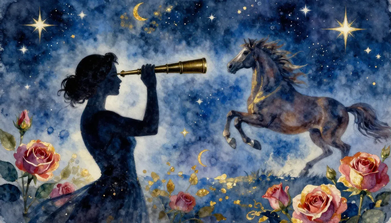 Vibrant watercolor style. Elegant opera style cover, a silho...