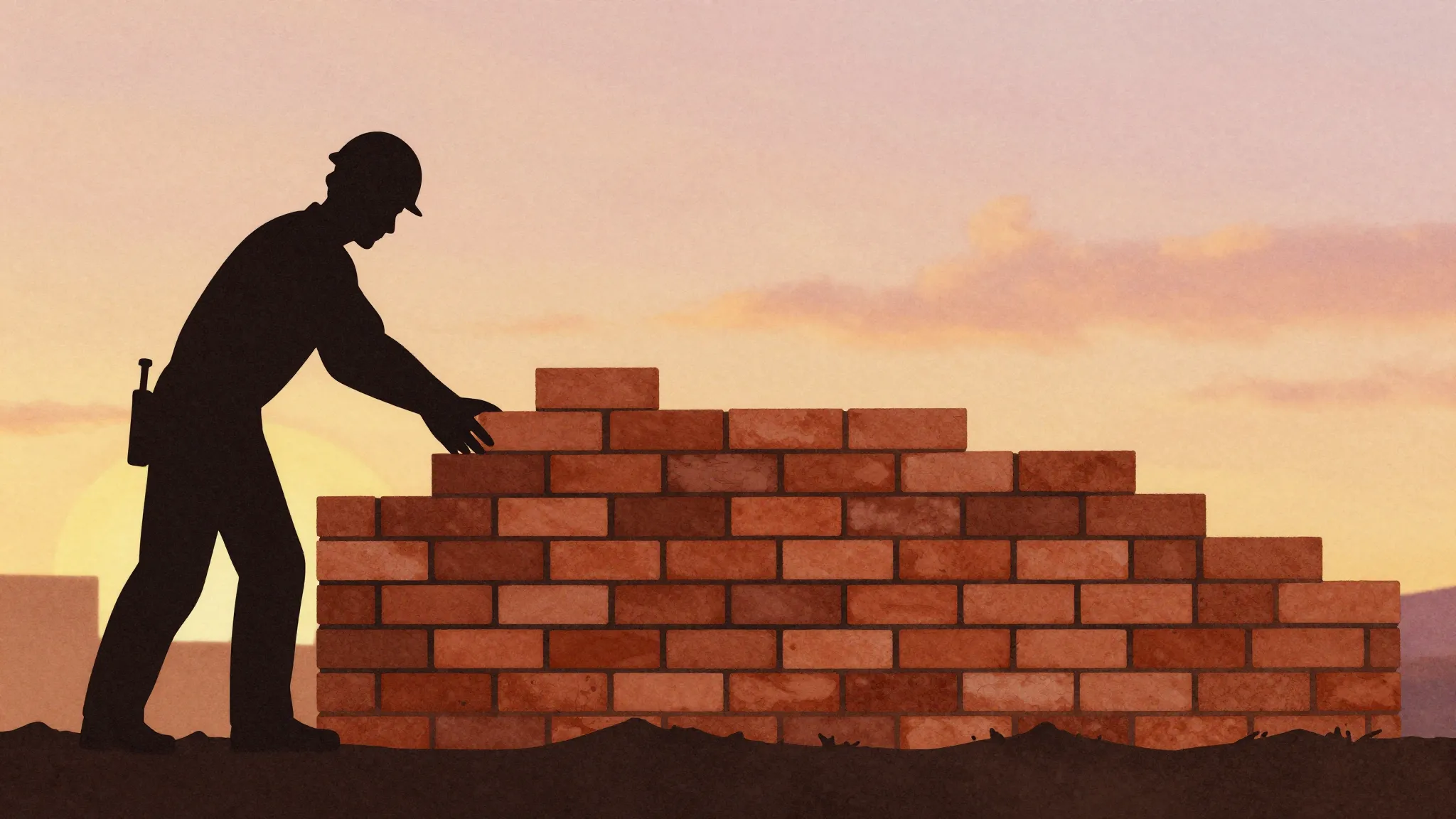 Watercolor style. Silhouette of a builder putting bricks tog...