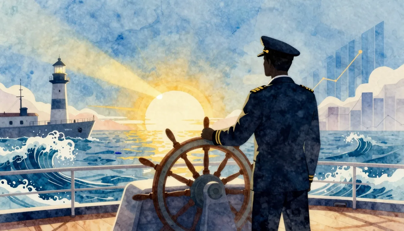 Vibrant watercolor style. A powerful silhouette of a captain...