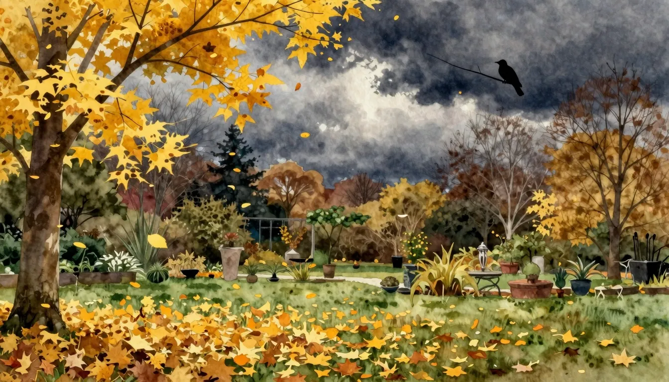 Watercolor style. Autumn landscape, falling yellow leaves, e...