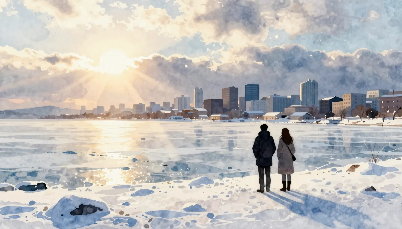 Watercolor style. Winter landscape with frozen city and sea,...