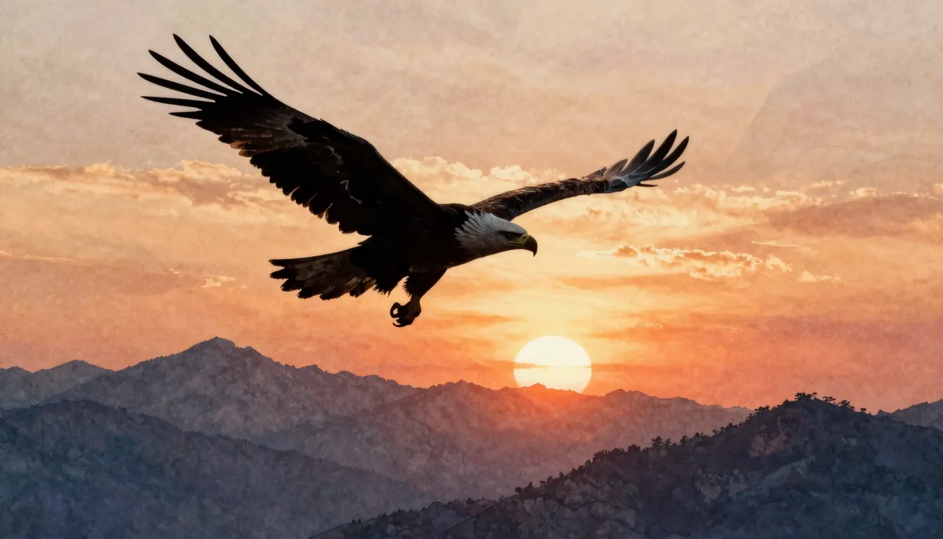 Watercolor style. Silhouette of an eagle flying over majesti...