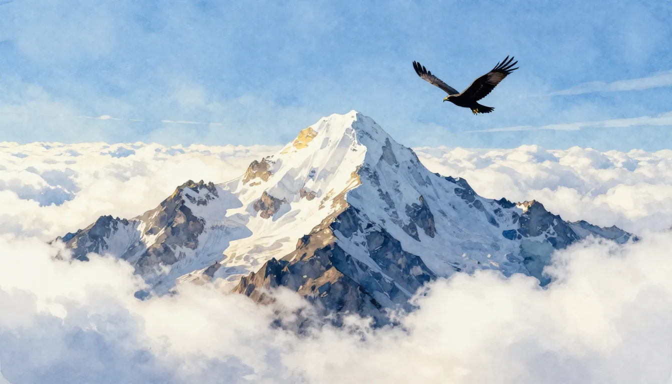 Watercolor style. A majestic mountain peak piercing through ...