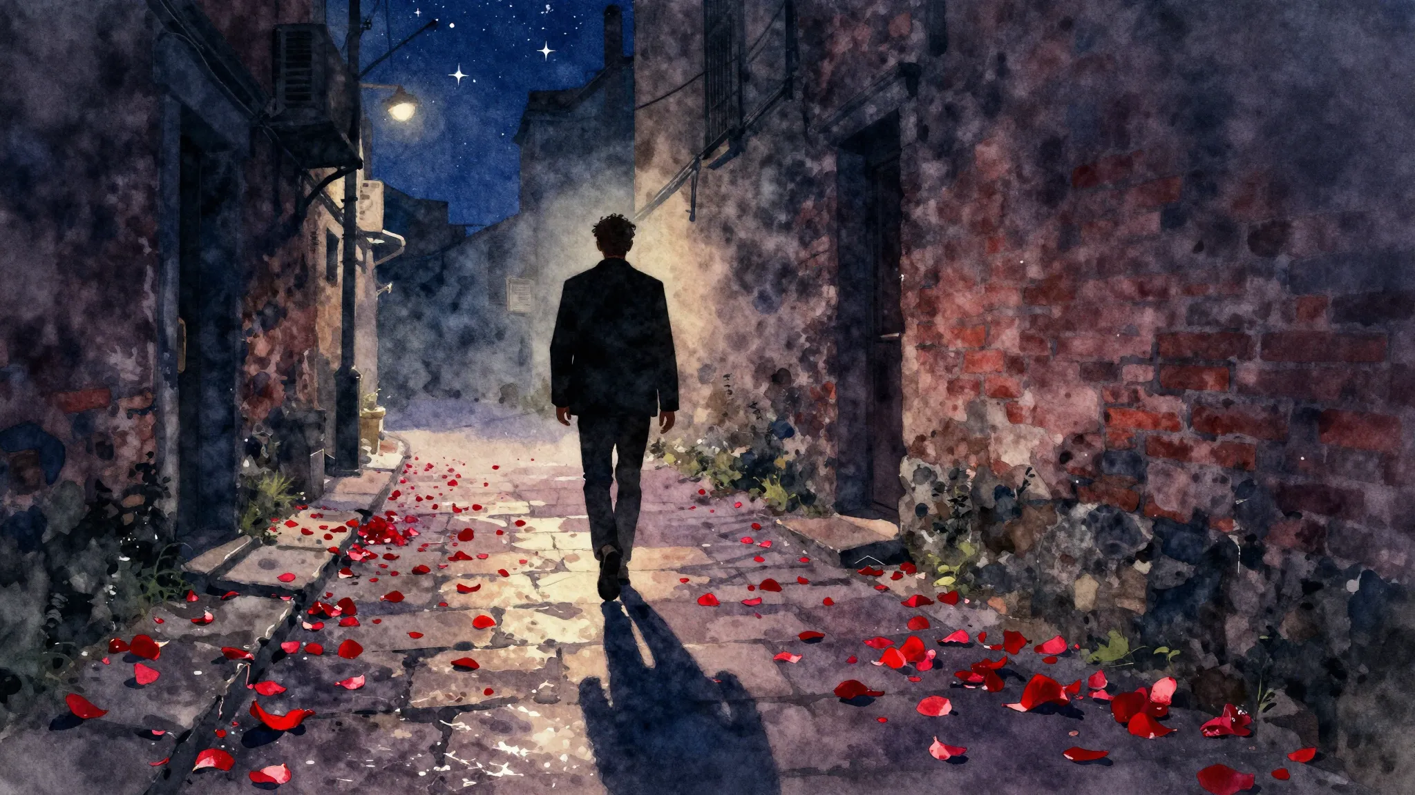 Vibrant watercolor style. Rock album cover, a dark alleyway ...
