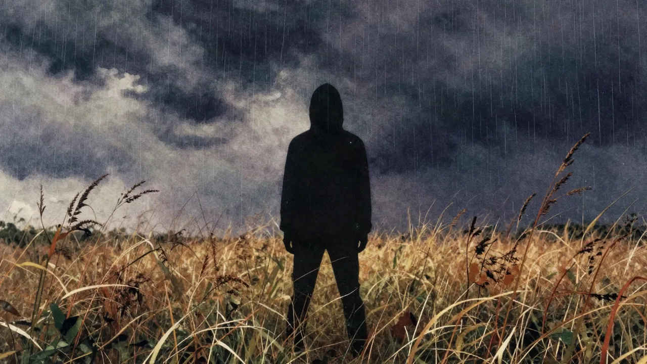 Vibrant watercolor style. Grunge rock album cover, a lonely ...