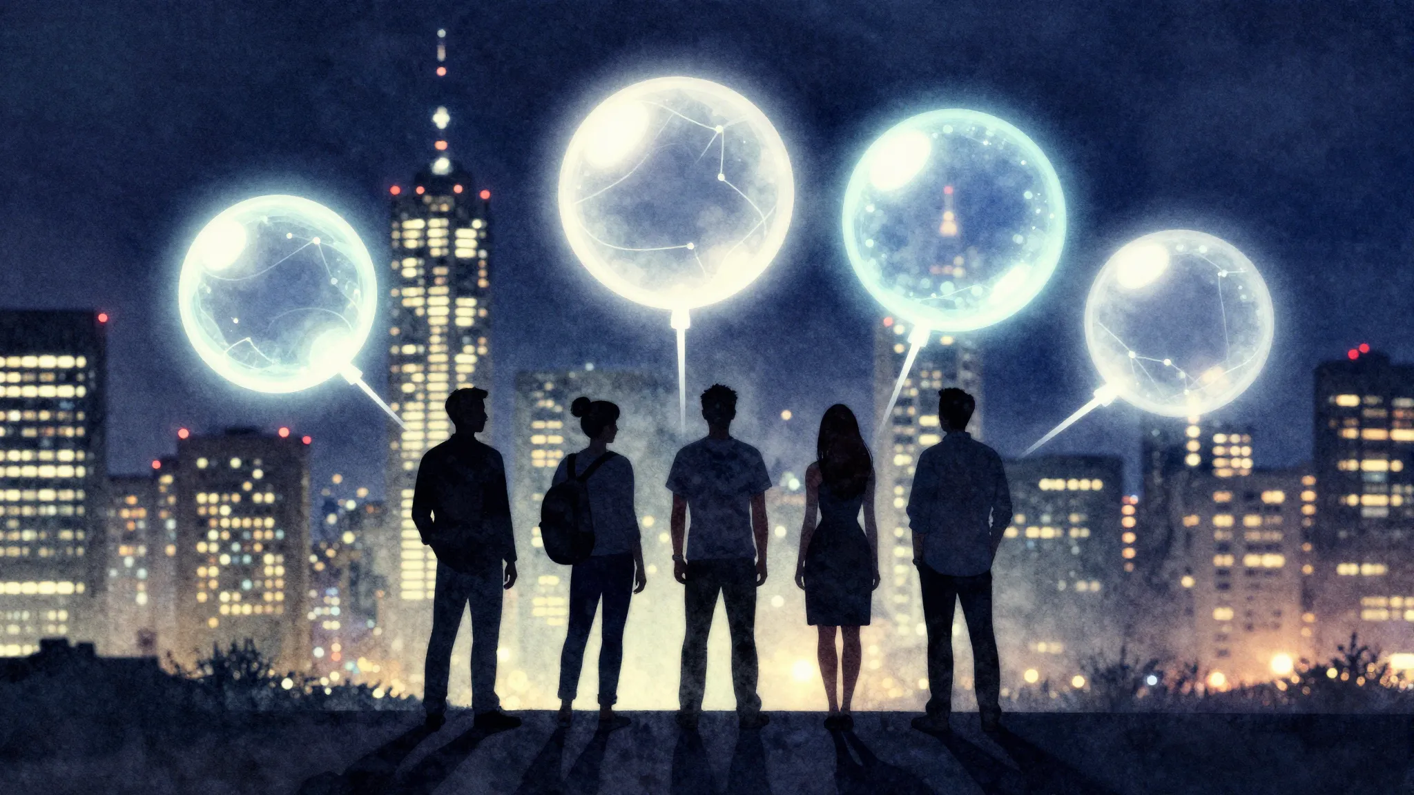 Watercolor style. Silhouettes of 4 people standing together ...