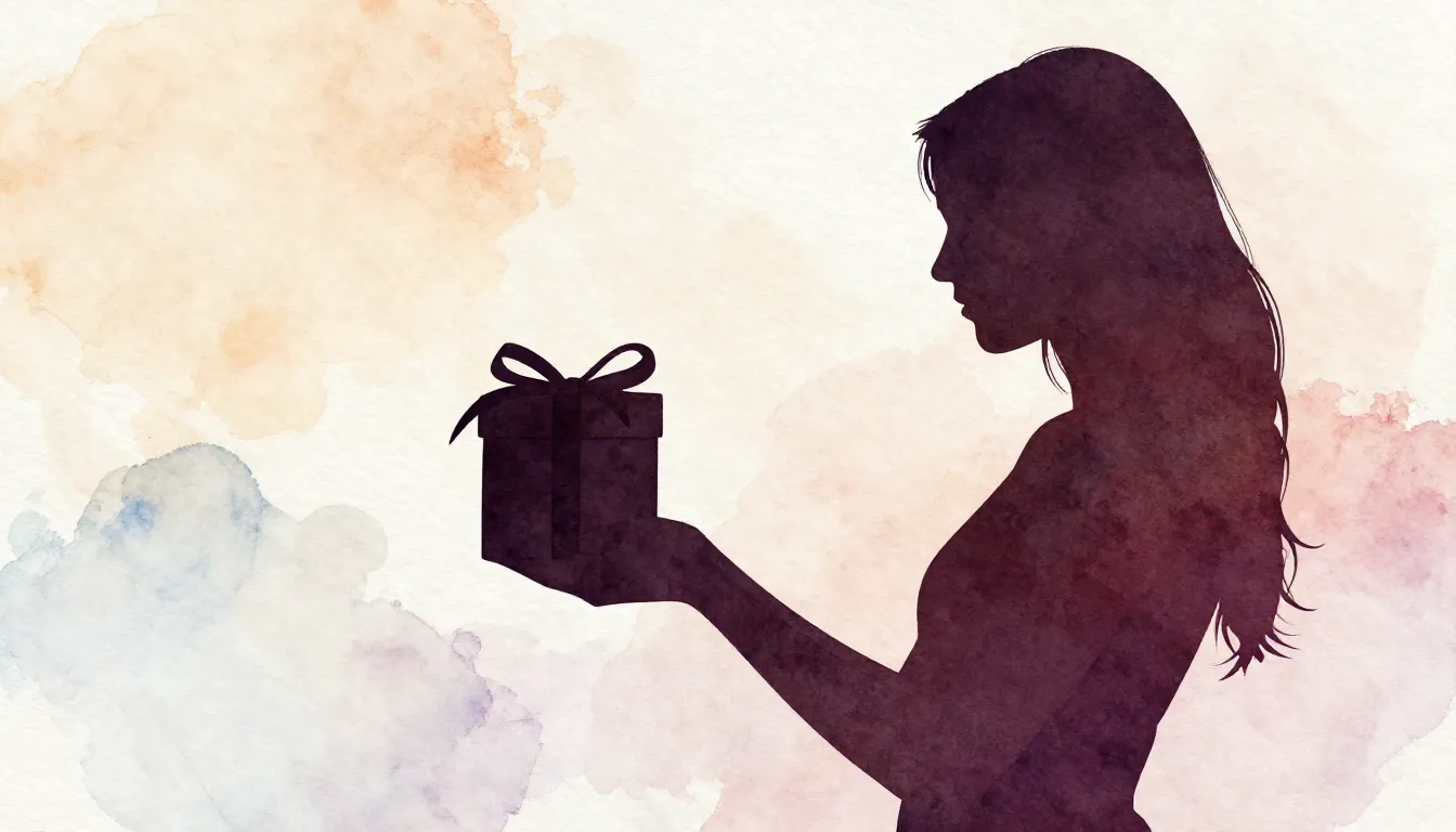Watercolor style. Silhouette of a woman holding a gift box w...