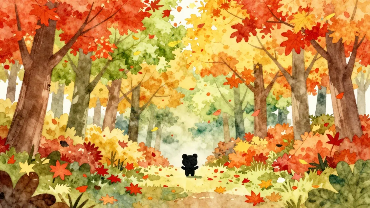 Watercolor style. Autumn forest with bright red, yellow, gre...