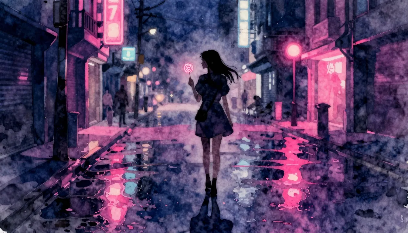 Watercolor style. Dark urban street at night, neon lights re...