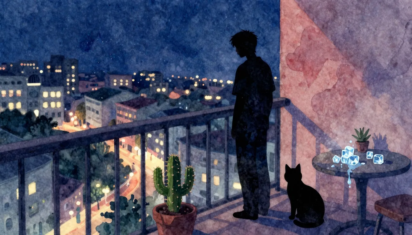 Vibrant watercolor style. A lonely silhouette on a high balc...