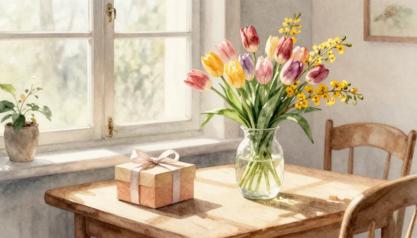 Watercolor style. A cozy room filled with spring flowers, tu...
