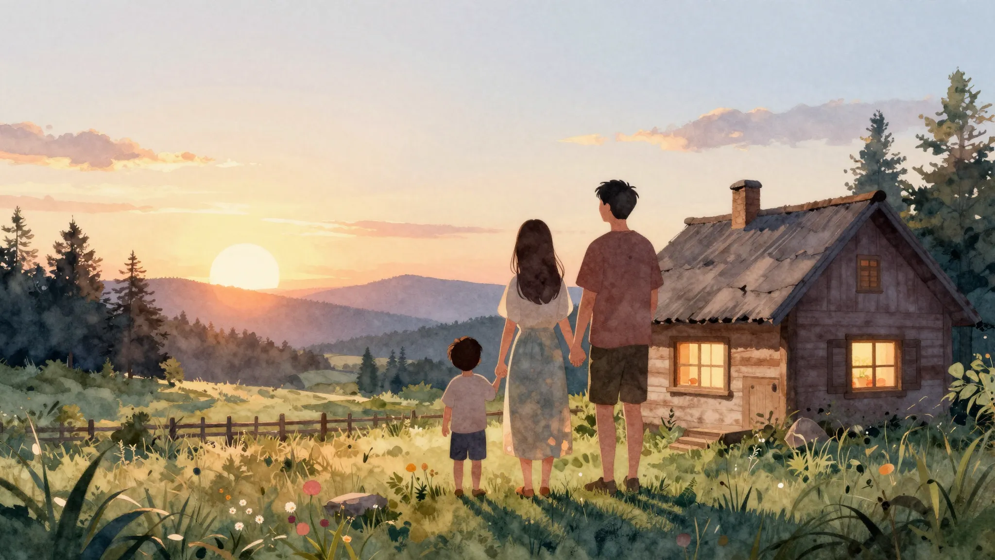 Watercolor style. Silhouette of a happy family standing near...