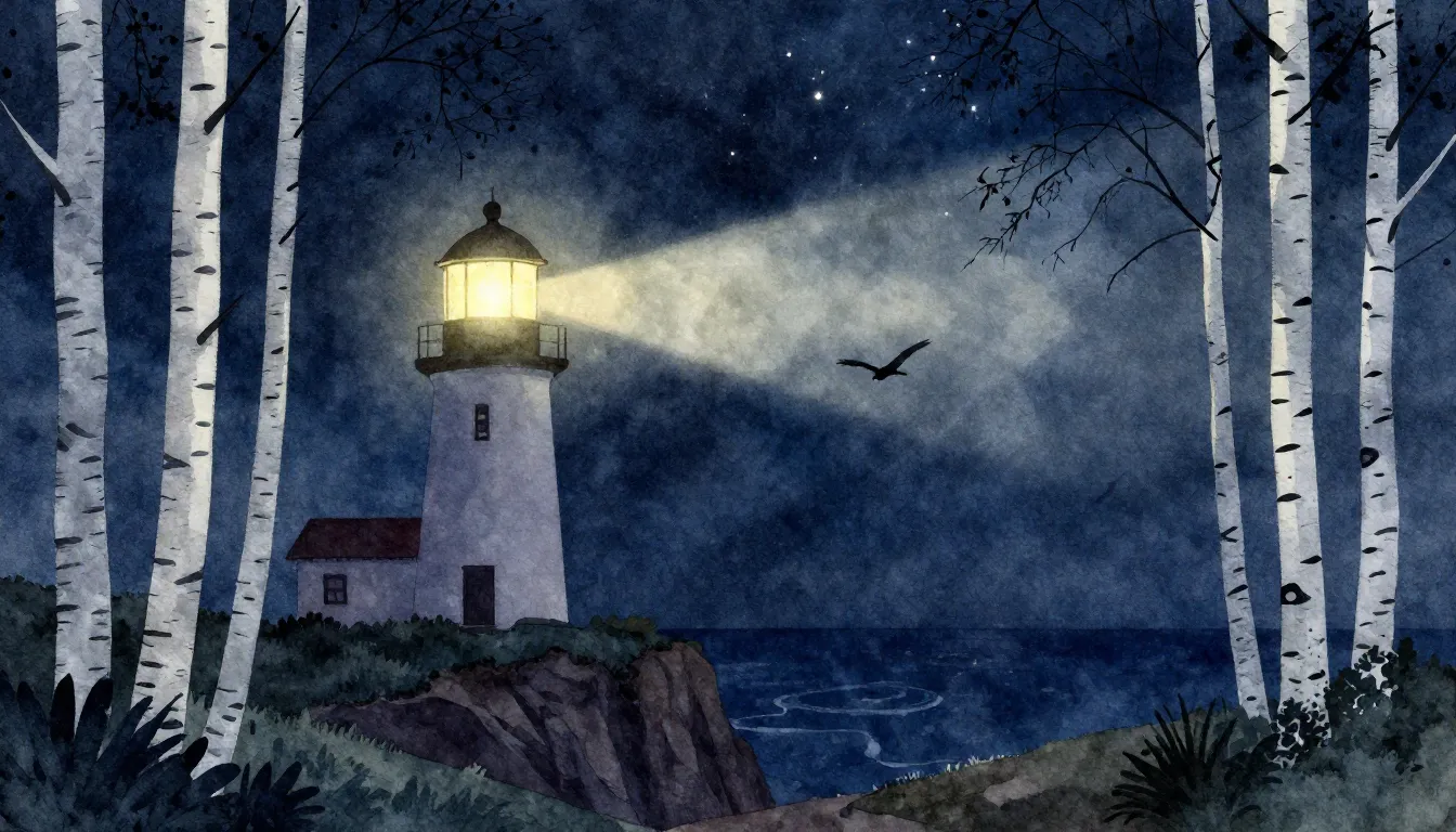 Watercolor style. A glowing lighthouse on a cliff at night, ...