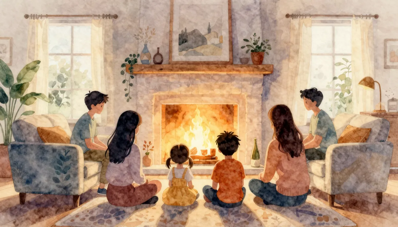 Watercolor style. A cozy living room with silhouettes of a f...