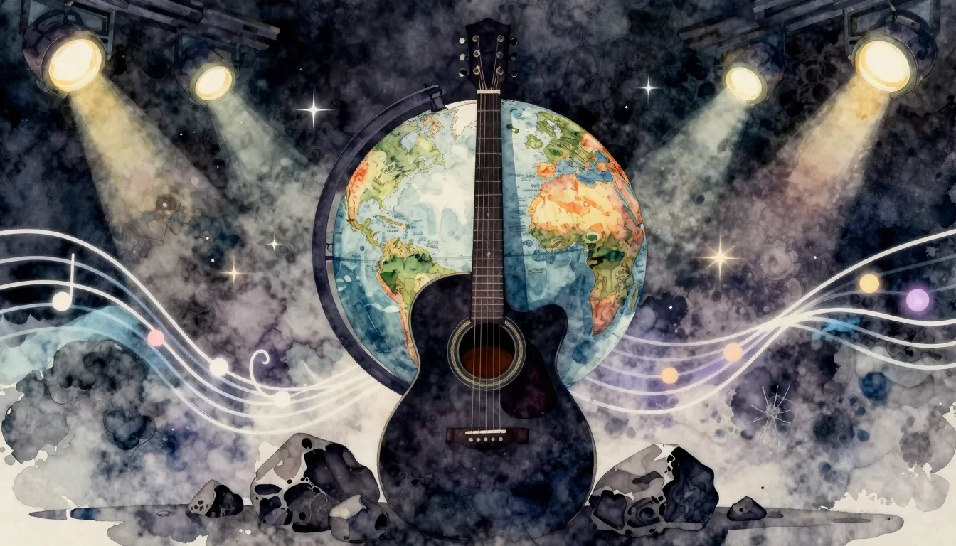 Watercolor style. A silhouette of a guitar leaning against a...