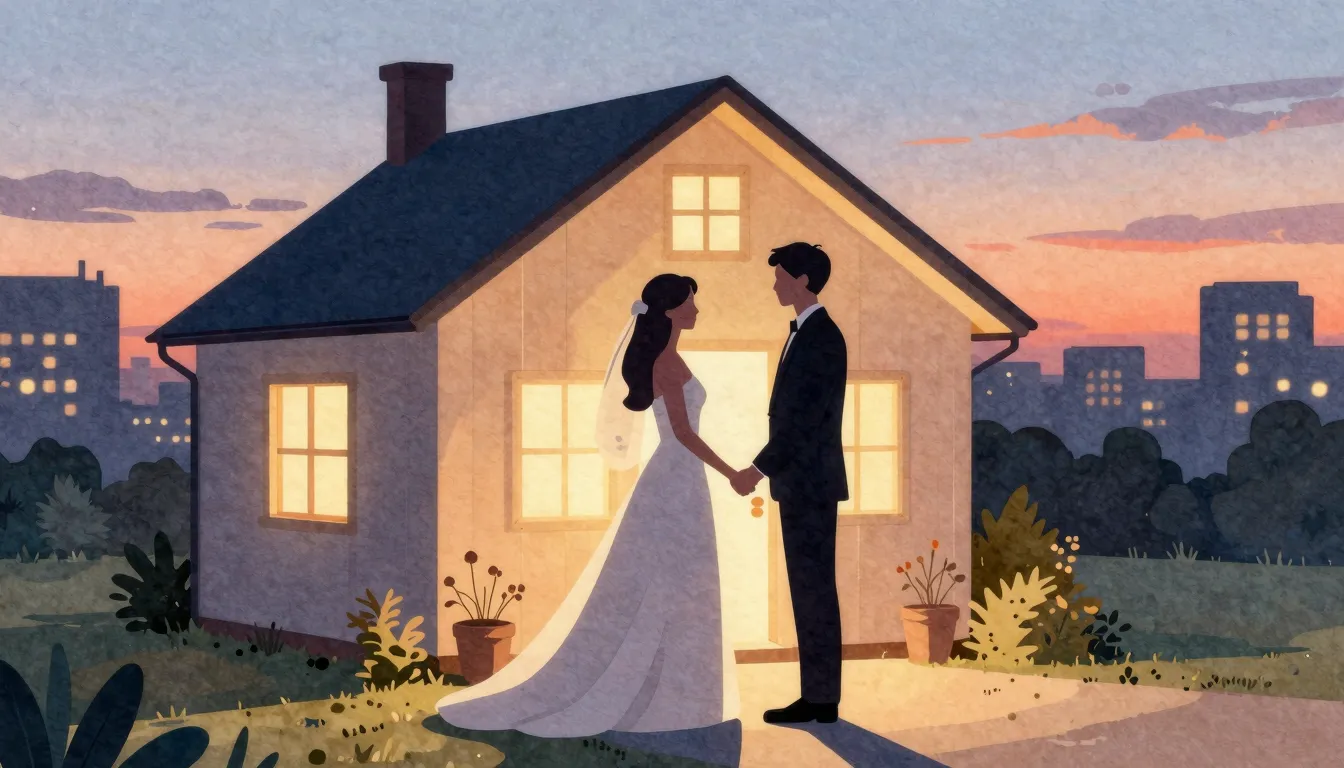 Watercolor style. Silhouette of a bride and groom holding ha...