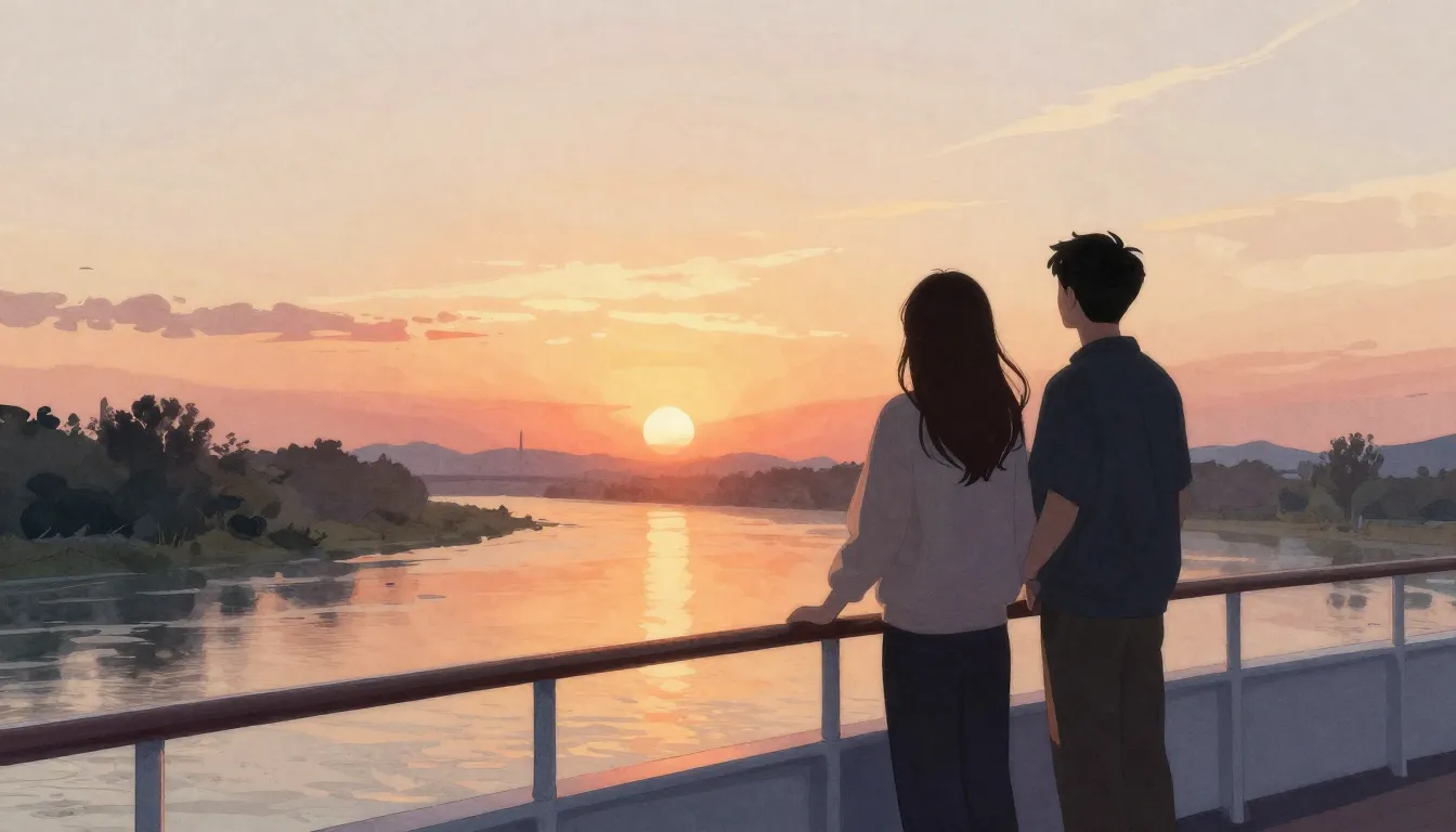 Watercolor style. Silhouette of a couple standing on a ship ...