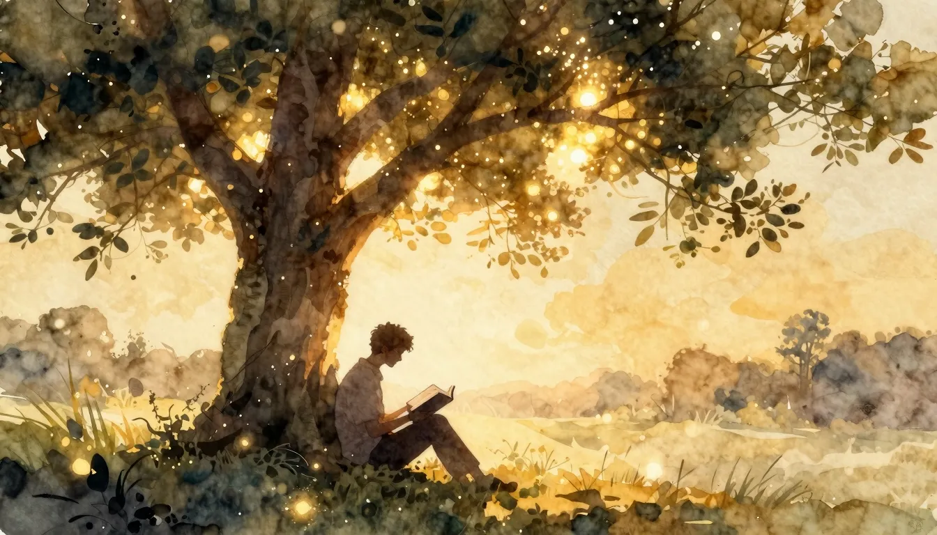 Watercolor style. Silhouette of a man reading a book under a...