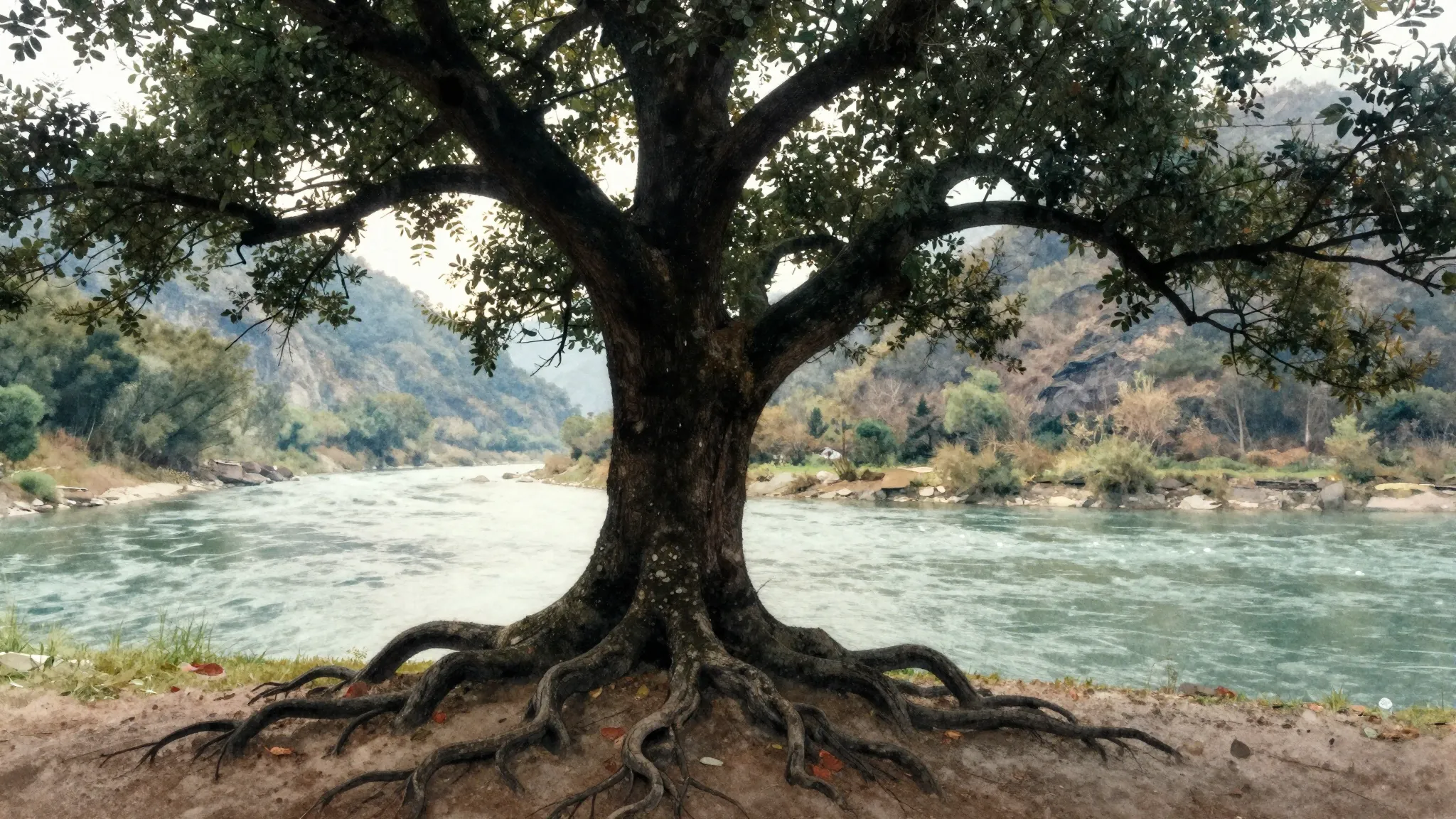 Watercolor style. A silhouette of an ancient tree by a mount...