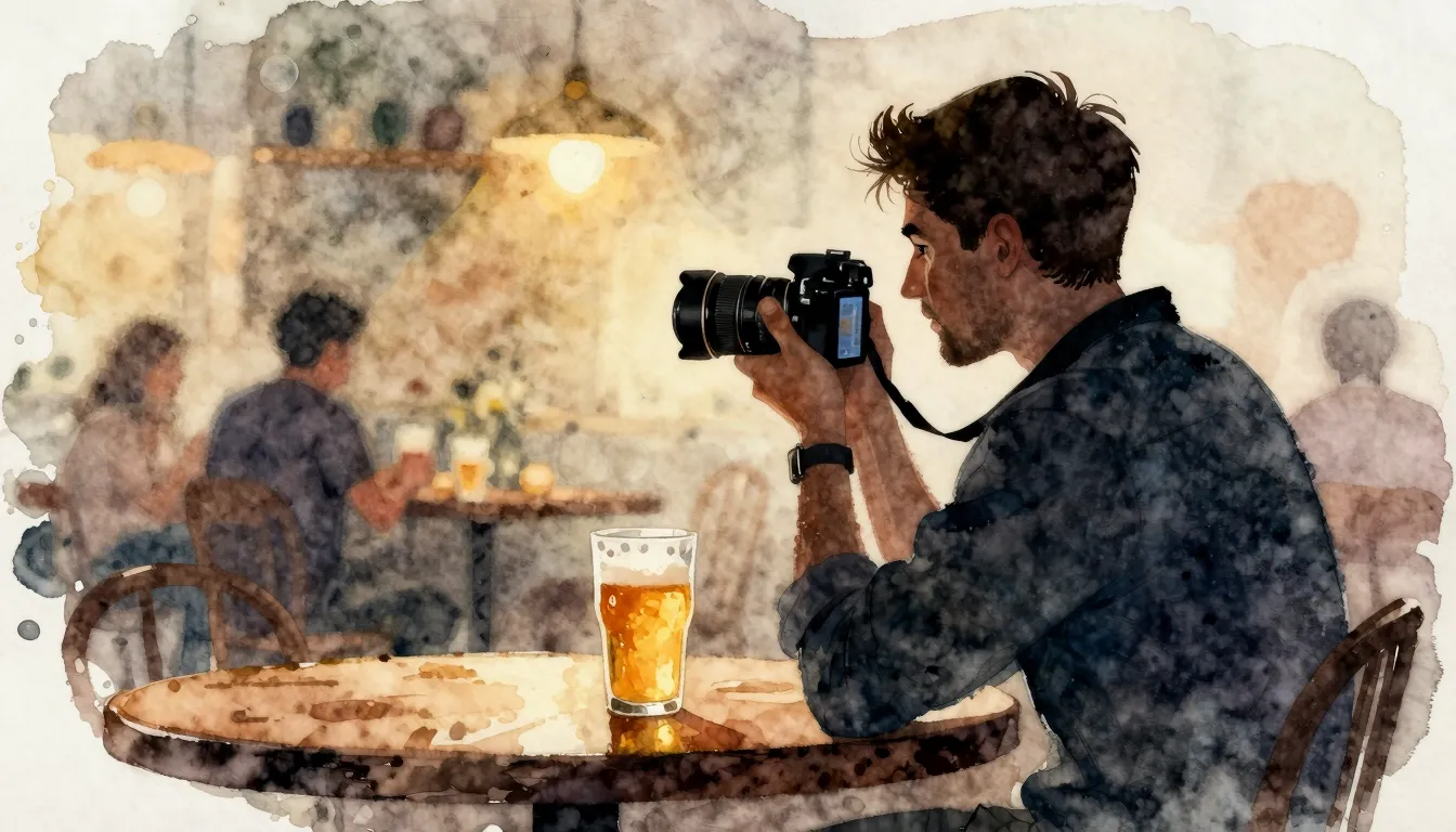 Watercolor style. Silhouette of a man holding a camera and a...