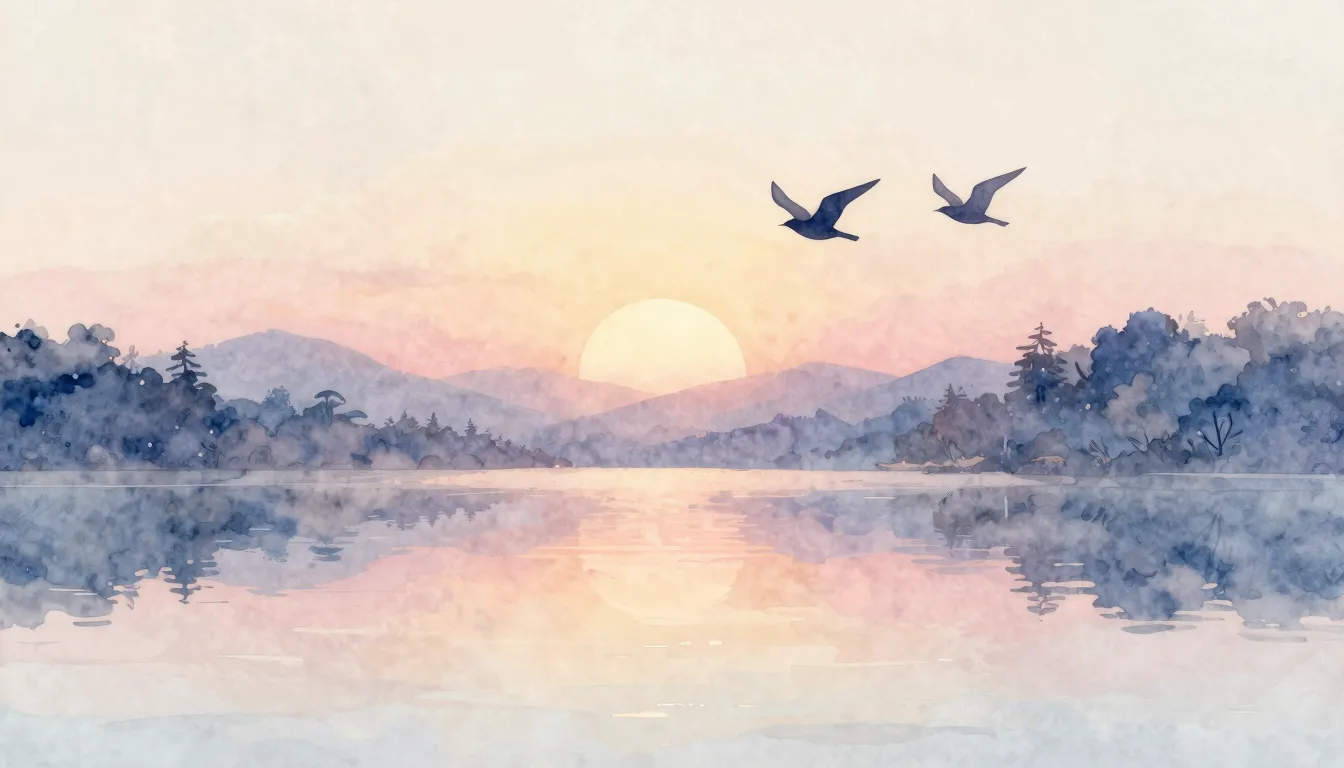 Watercolor style. A gentle sunrise over a calm lake, soft pa...