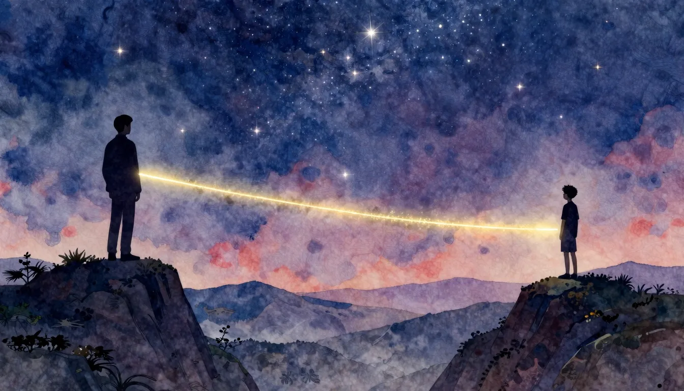 Vibrant watercolor style. A silhouette of a father and a gro...