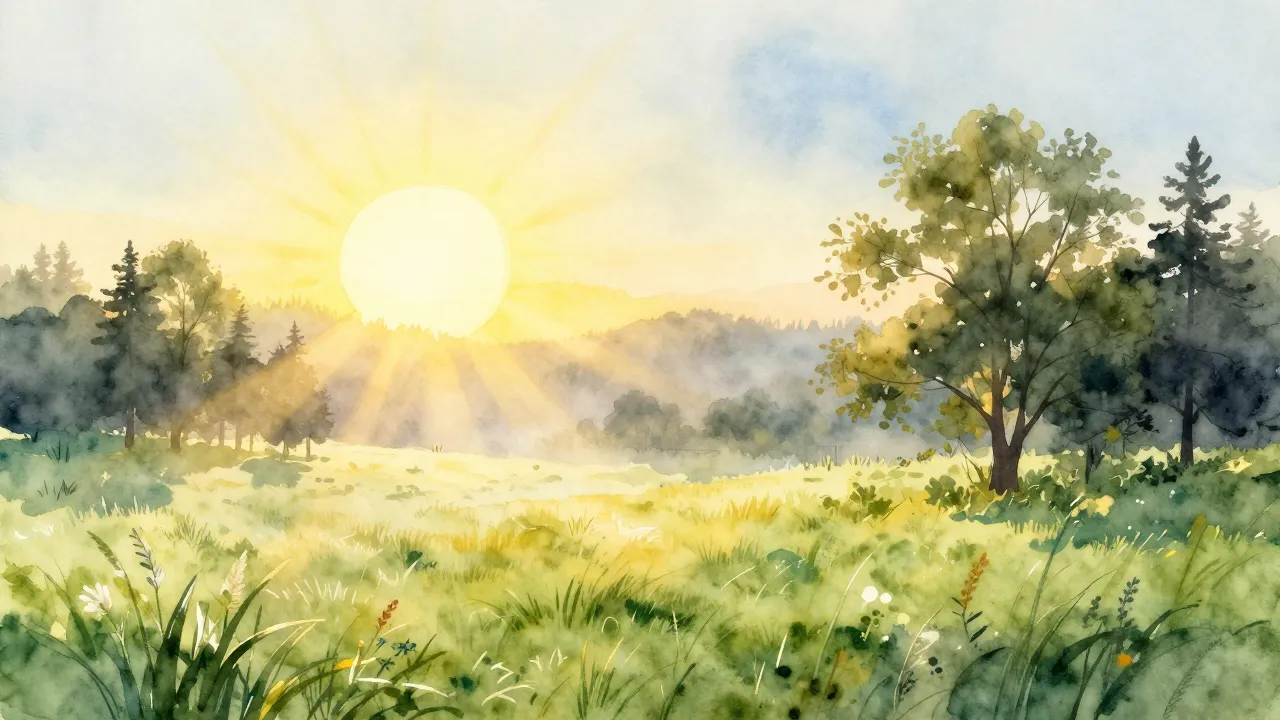 Watercolor style. A bright morning landscape with a rising s...