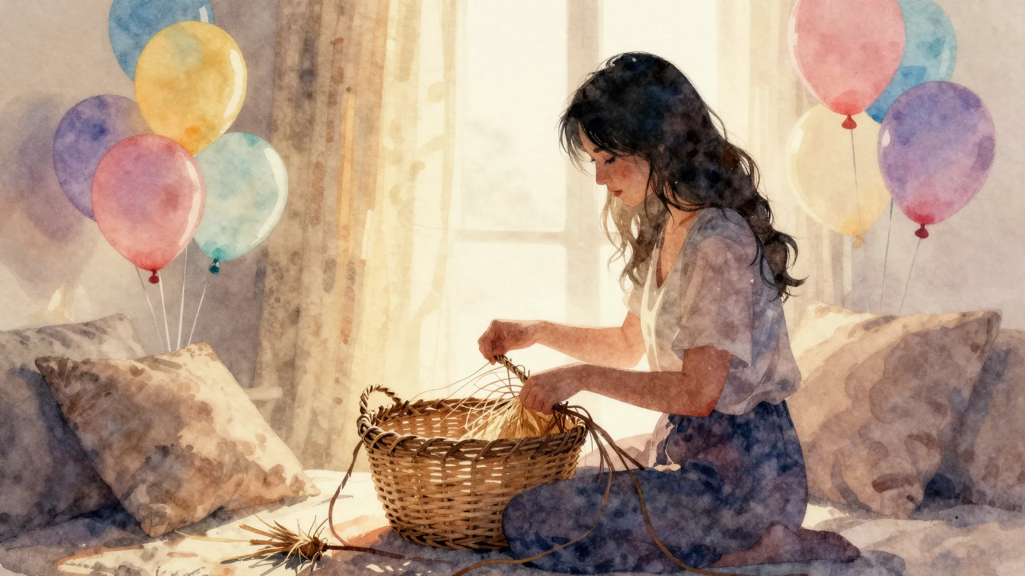 Watercolor style. Silhouette of a woman weaving a basket, co...