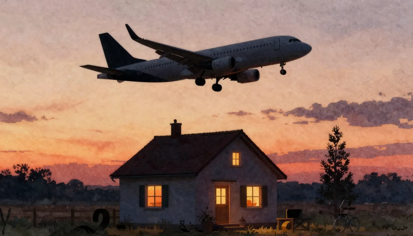Watercolor style. Silhouette of an airplane flying over a co...