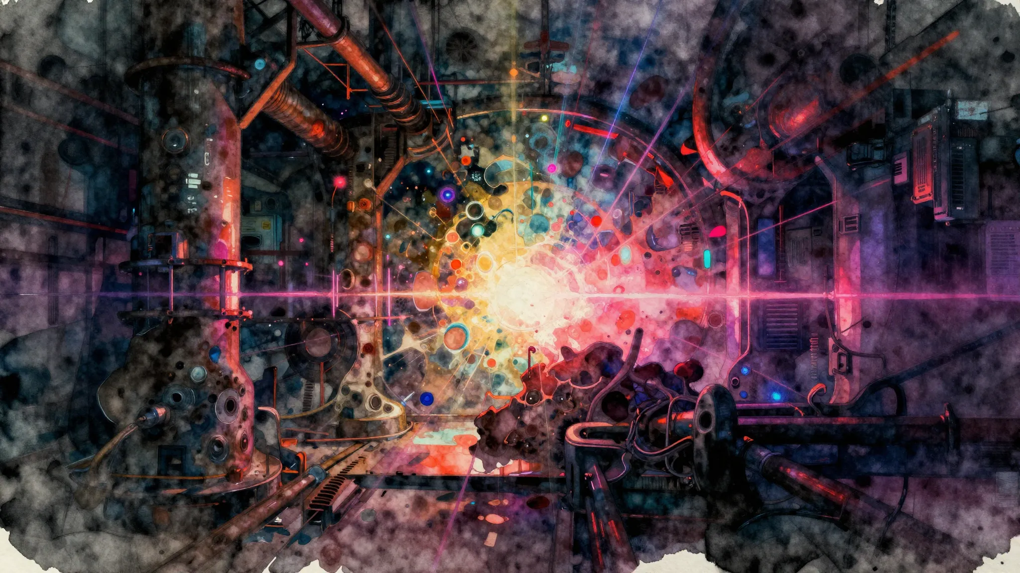 Vibrant watercolor style. Abstract digital art, gritty indus...