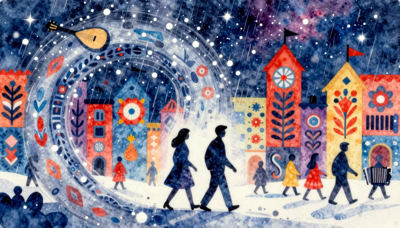 Vibrant watercolor style. A stylized folk art illustration o...