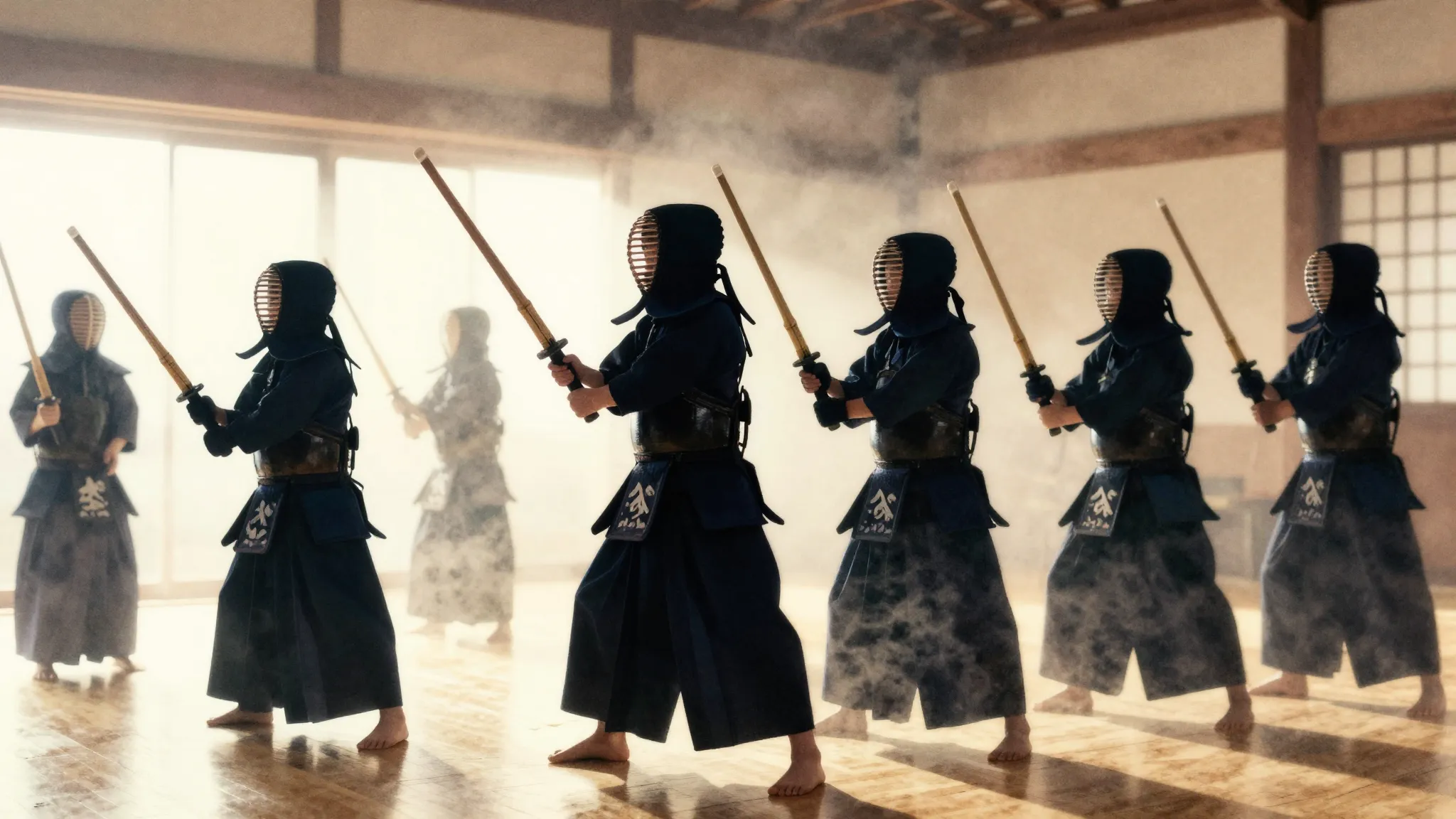 Watercolor style. Silhouettes of children practicing kendo w...
