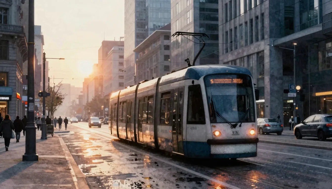 Watercolor style. Silhouette of a tram driving through a mod...