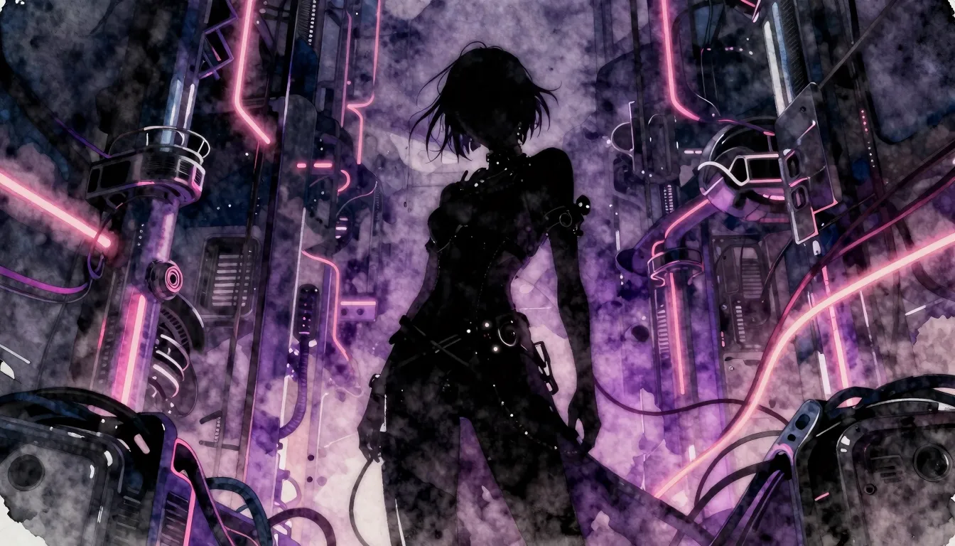 Vibrant watercolor style. Cyberpunk aesthetic, a dark silhou...