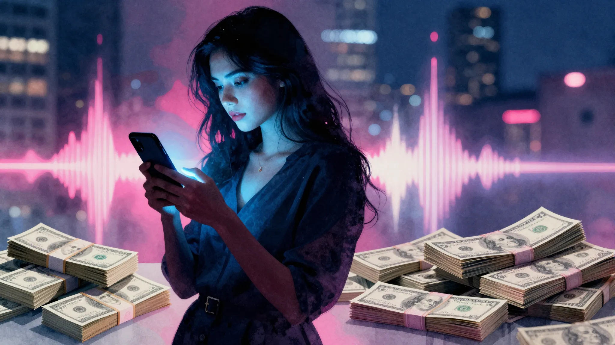 Vibrant watercolor style. Abstract digital art, a dark silho...