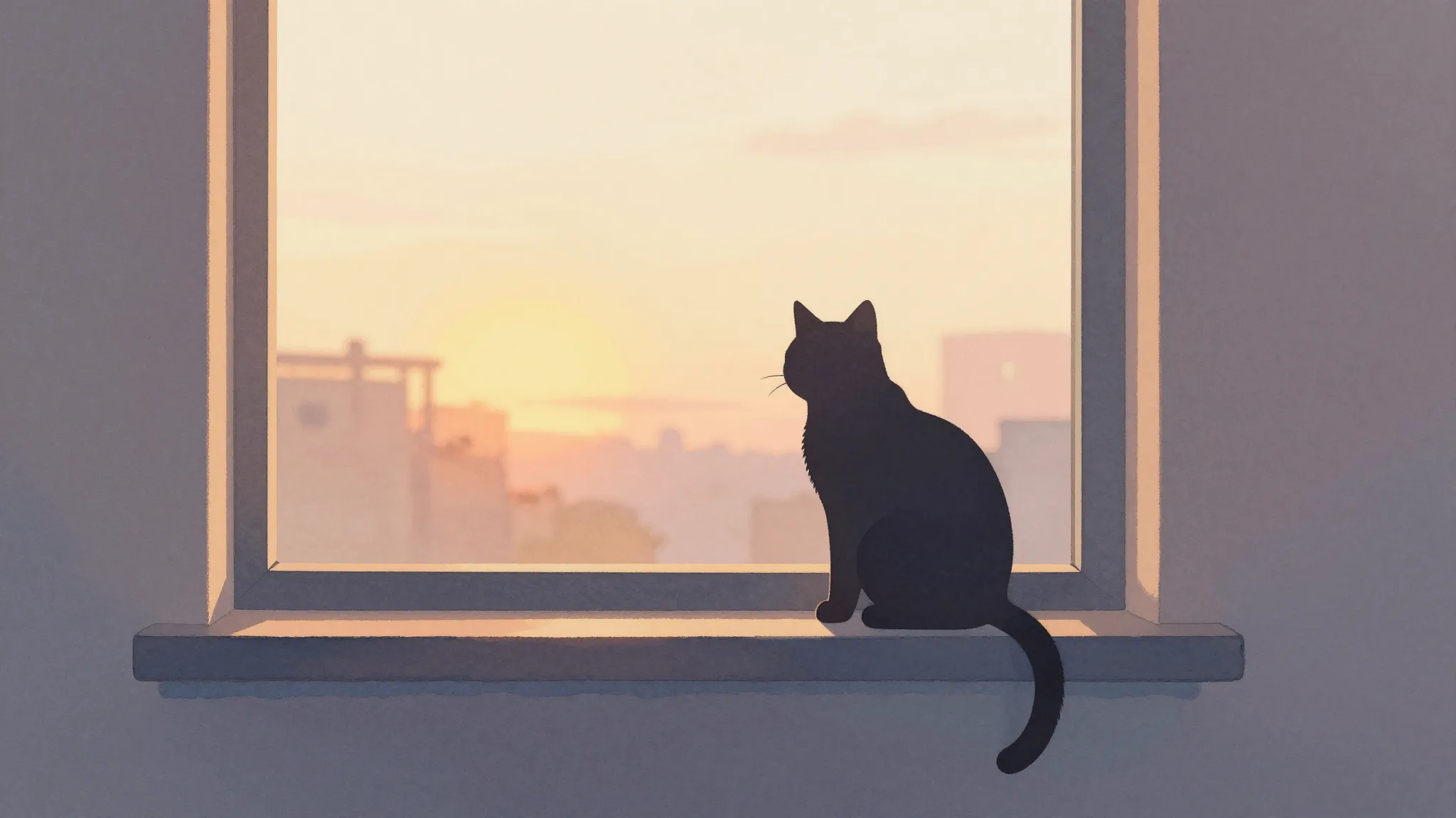 Watercolor style. A cozy room silhouette with a cat silhouet...