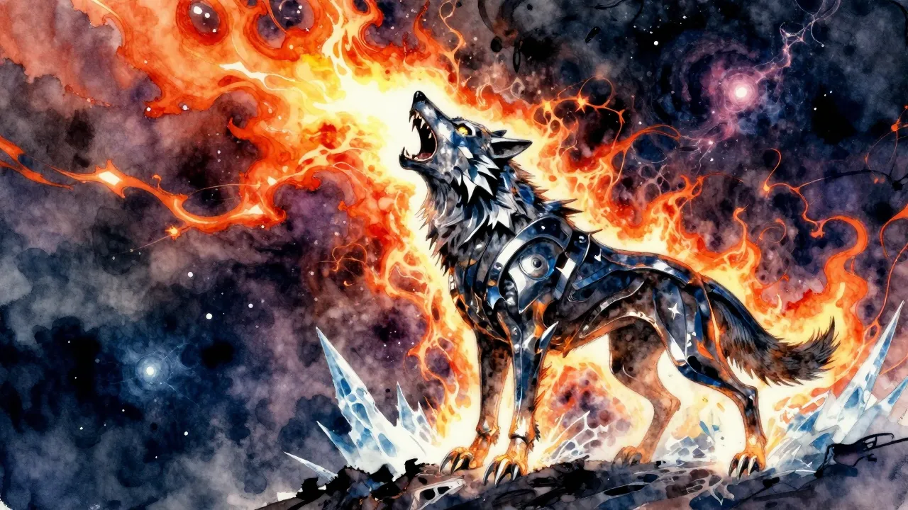 Vibrant watercolor style. Heavy metal album cover art, a fie...