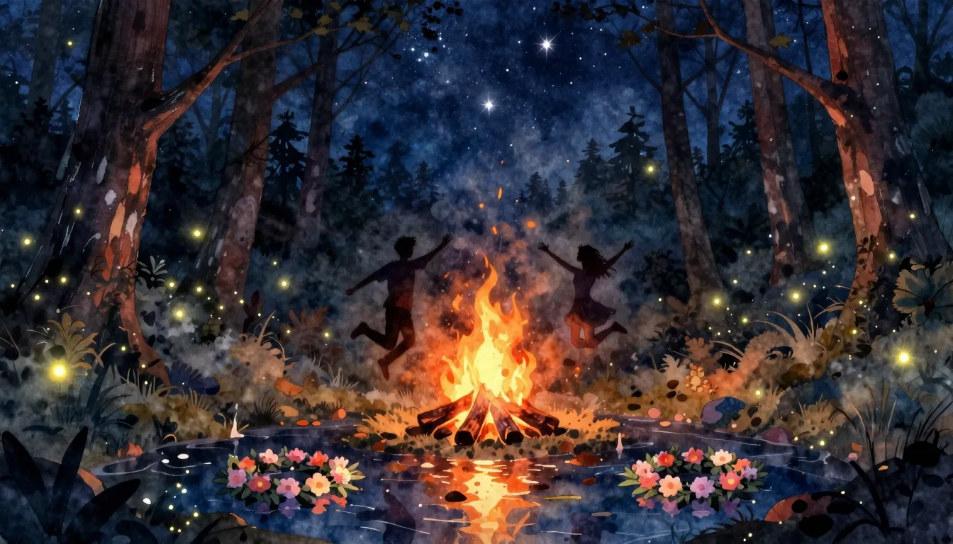 Watercolor style. Magical night forest, glowing bonfire, sil...