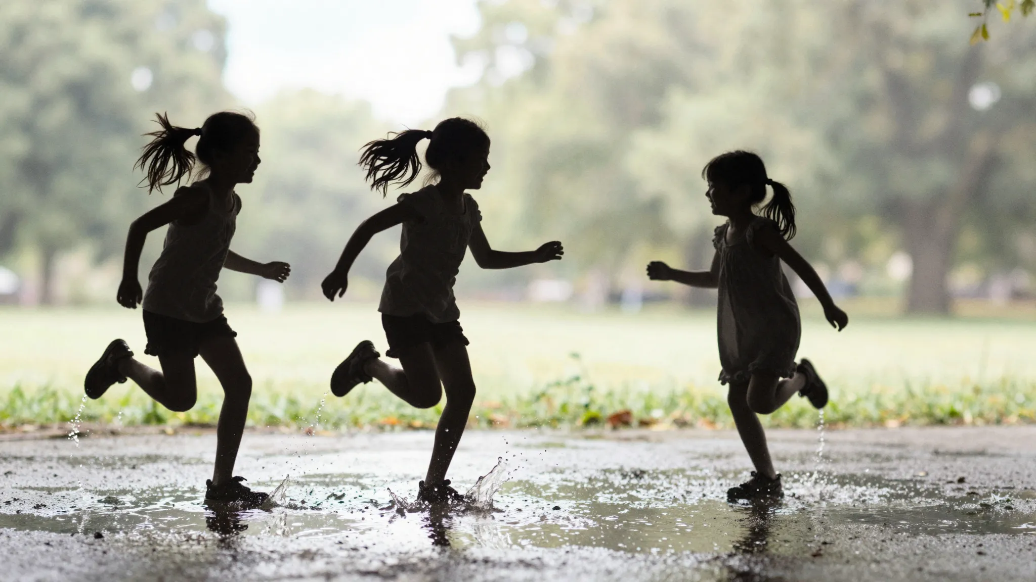 Watercolor style. Silhouettes of little girls running and ju...