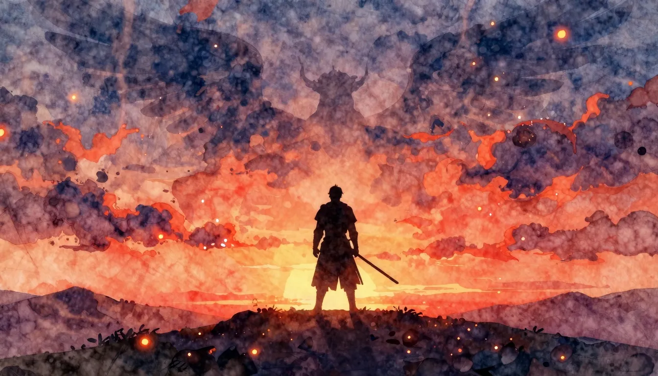 Vibrant watercolor style. A silhouette of a lone warrior sta...