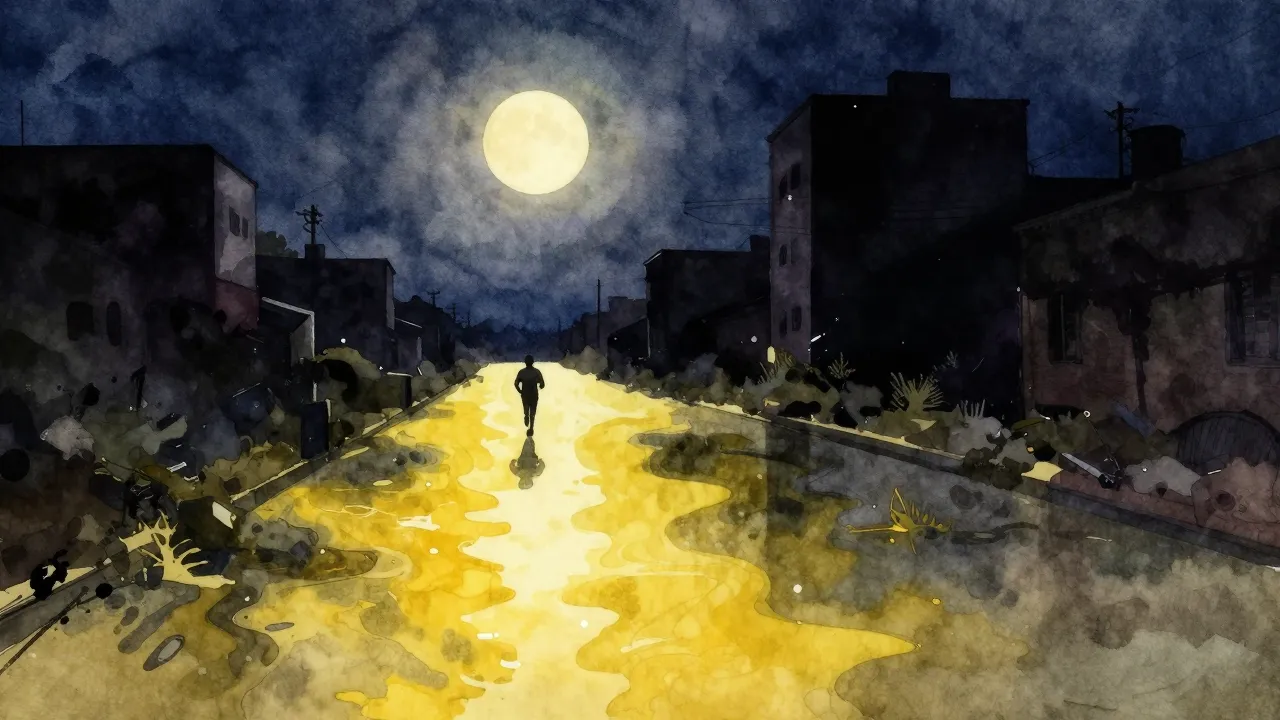 Vibrant watercolor style. Dark urban trap aesthetic, a glowi...