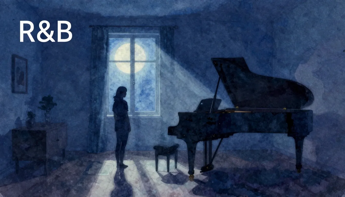 Vibrant watercolor style. Minimalist R&B album cover, a lone...