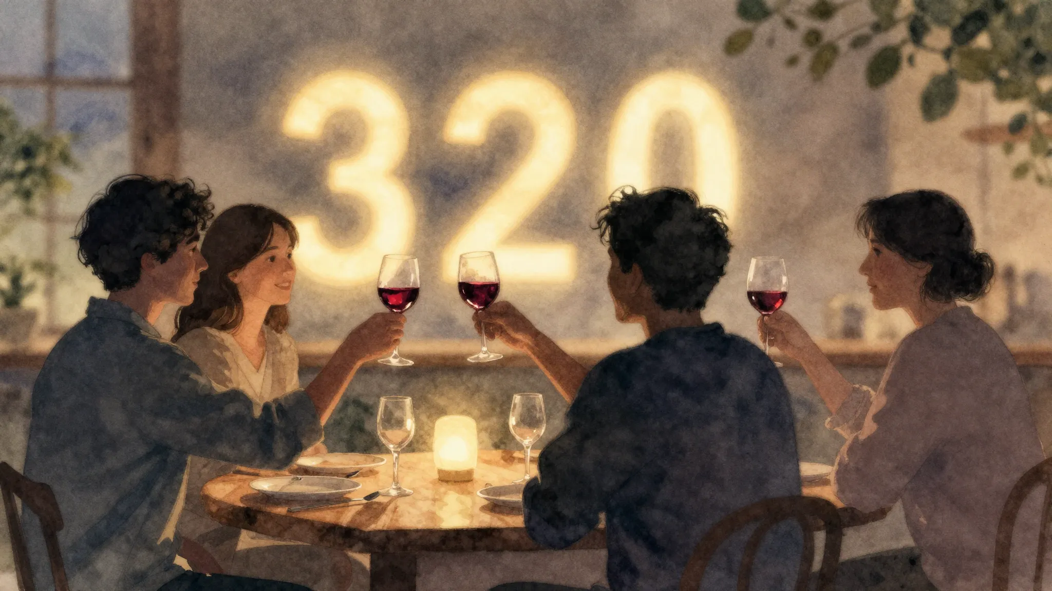 Watercolor style. A cozy evening scene with silhouettes of f...
