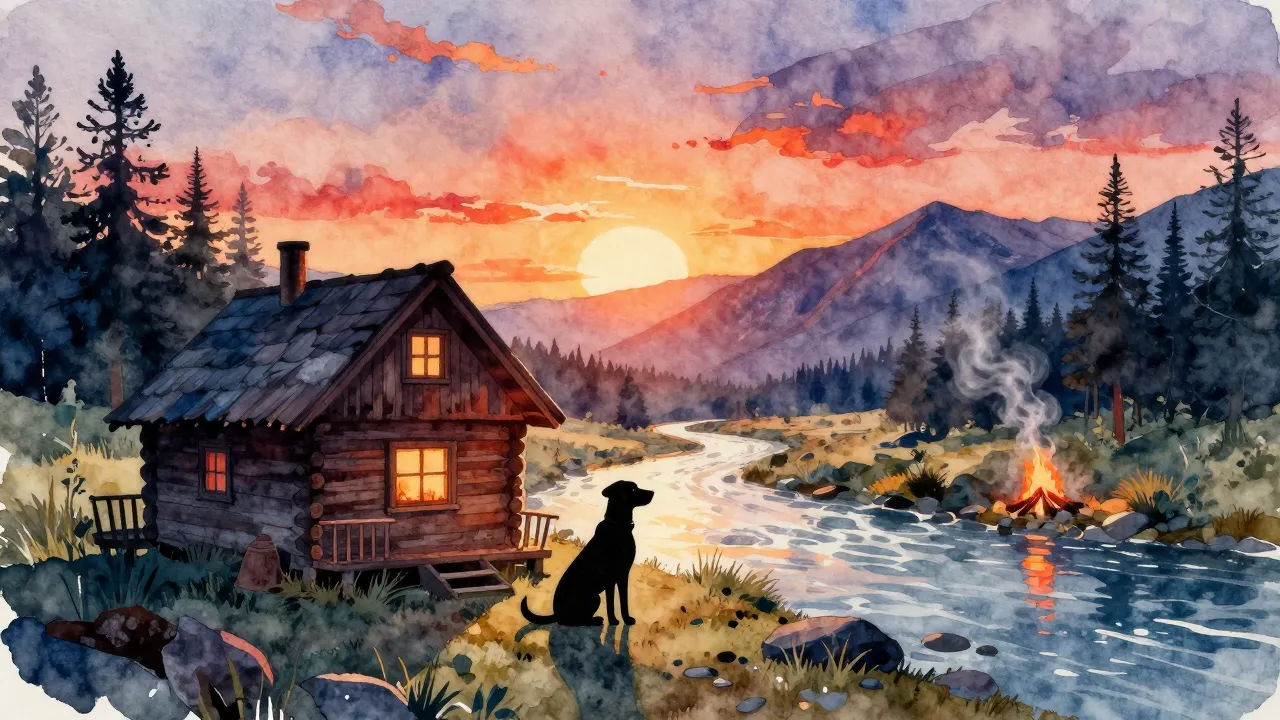 Vibrant watercolor style. Rock album cover art, a cozy woode...