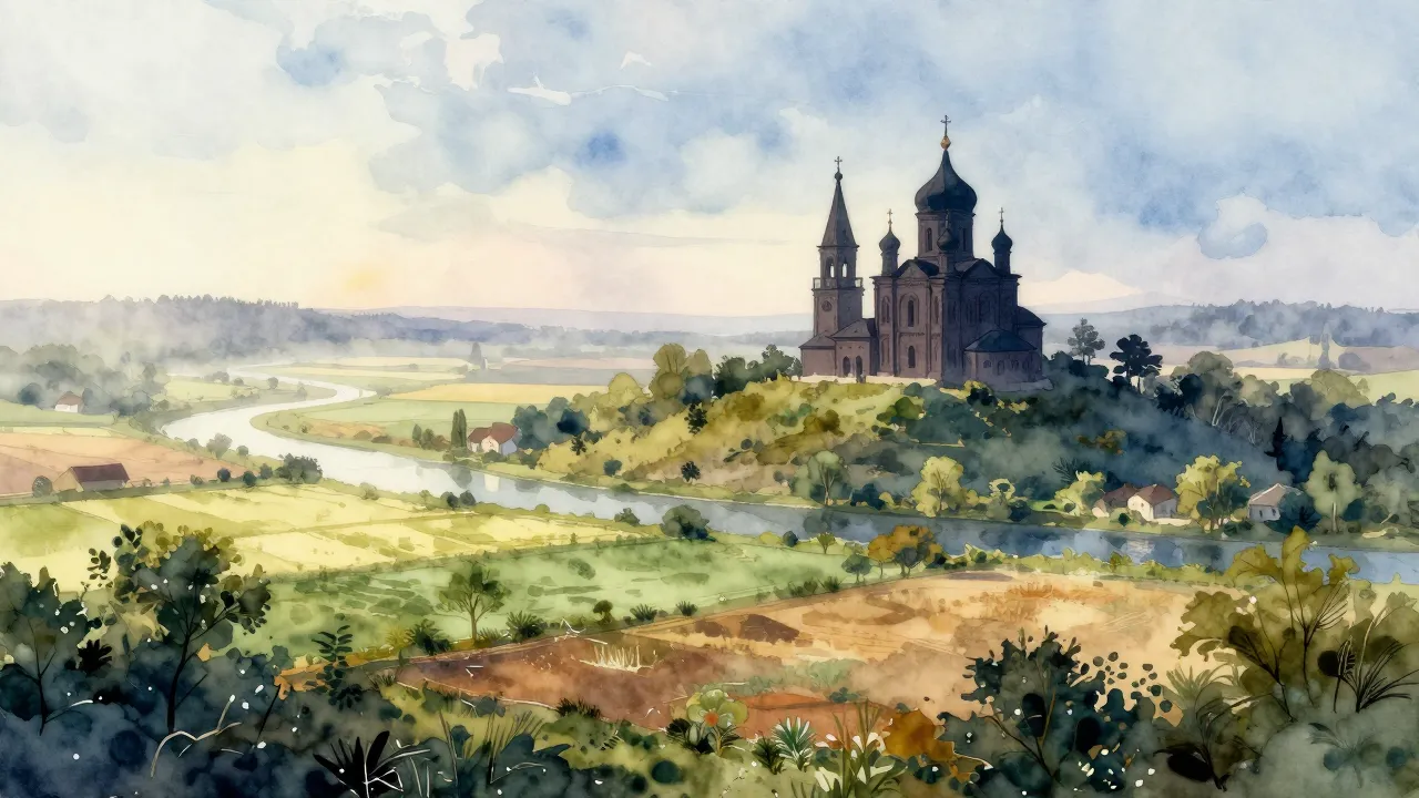 Watercolor style. A serene landscape with a silhouette of a ...